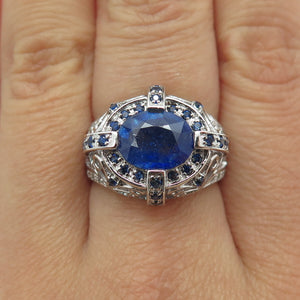 DSMK 925 Sterling Silver Sapphire & White Topaz Gem Ornate Dome Ring Size 7.25