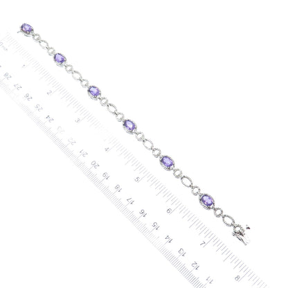 925 Sterling Silver Real Diamond Accent & Amethyst Gem Rolo Link Bracelet 7.25"