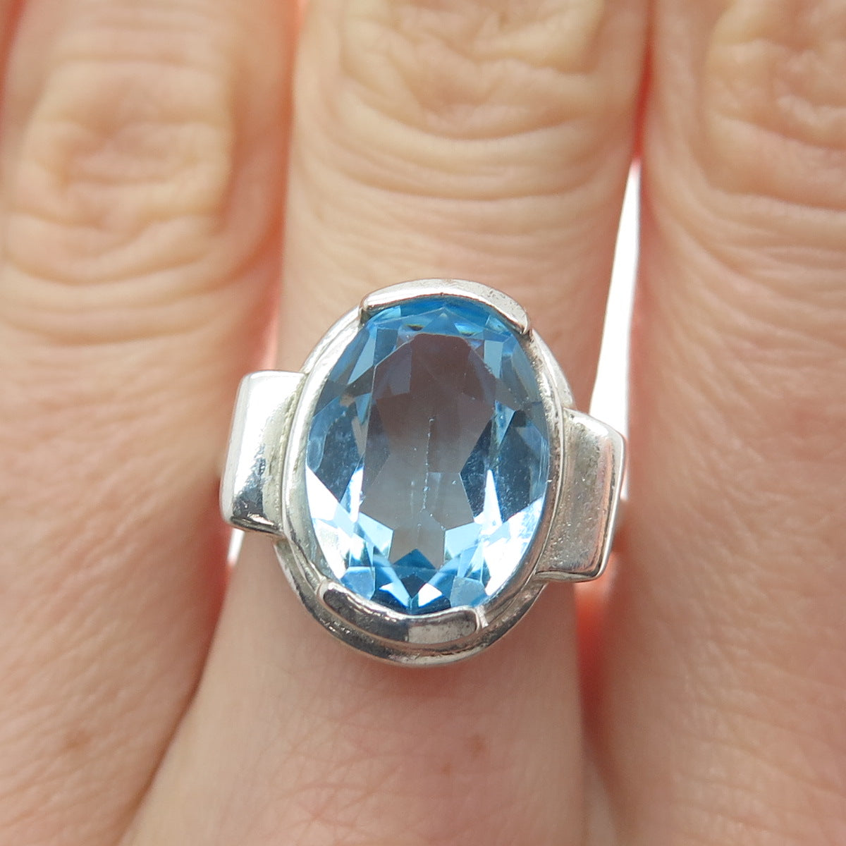 CELLINI 925 Sterling Silver Vintage Oval-Cut Blue C Z Ring Size 7