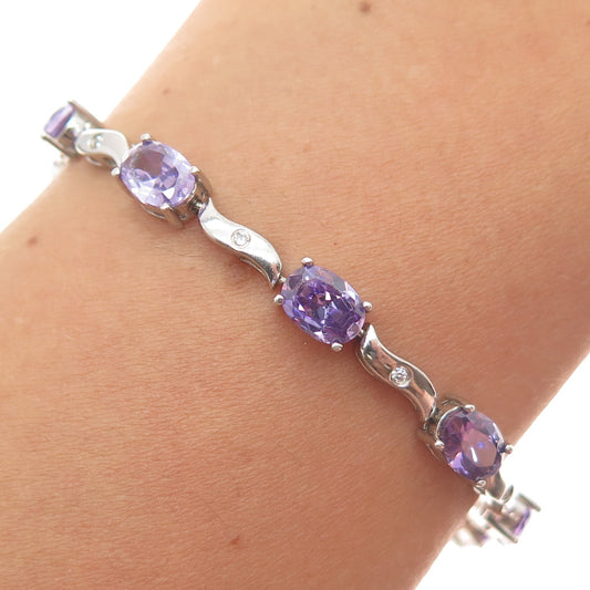 925 Sterling Silver Vintage Real Oval-Cut Amethyst & C Z Wavy Link Bracelet 7"