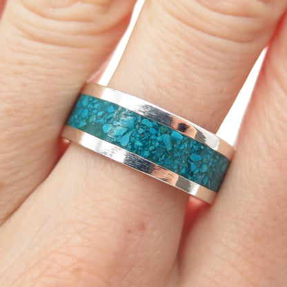 925 Sterling Silver Vintage Mexico Real Turquoise Inlay Band Ring Size 10.25