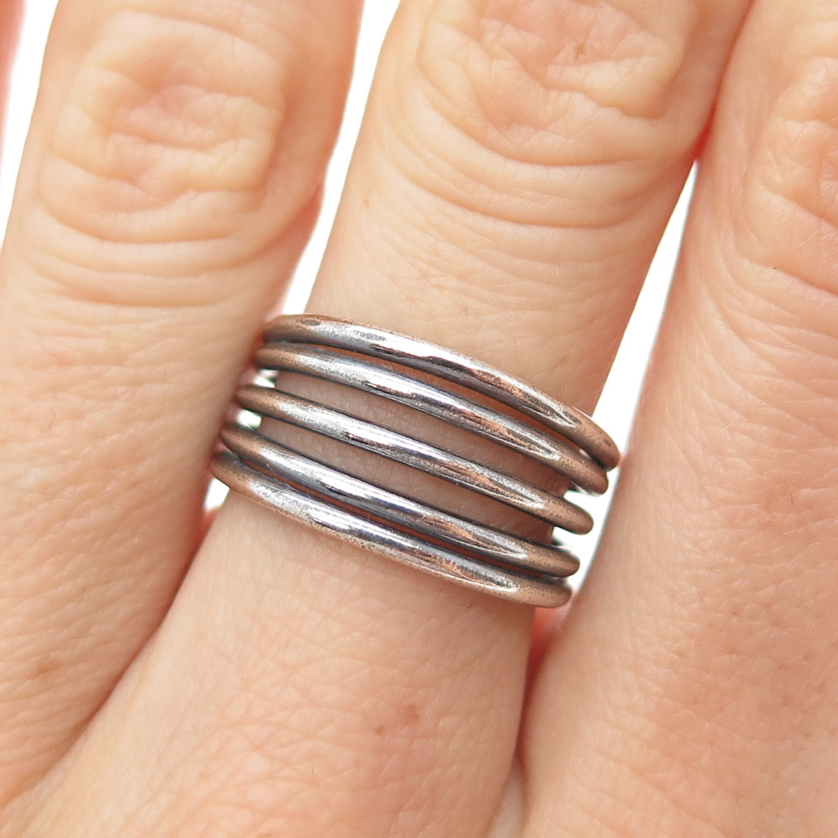 925 Sterling Silver Vintage Multi-Row Oxidized Adjustable Ring Size 6.75