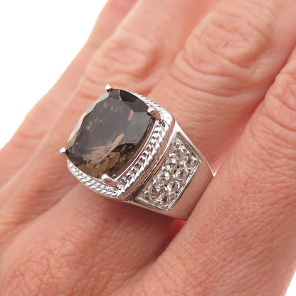 925 Sterling Silver Vintage Real Smoky Quartz & White Topaz Ring Size 7.25