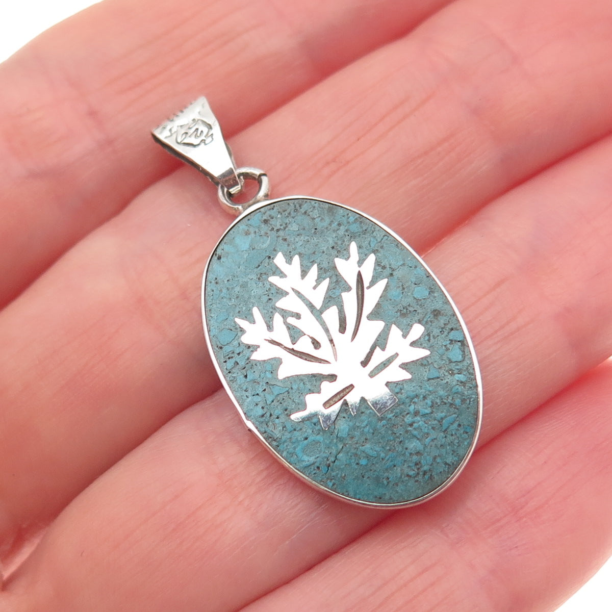 925 Sterling Silver Vintage Mexico Real Turquoise Inlay Cannabis Leaf Pendant