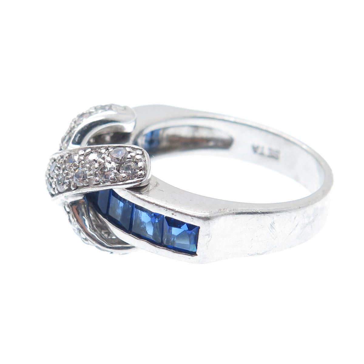 SETA 925 Sterling Silver Blue & White C Z Crisscross Ring Size 7.25