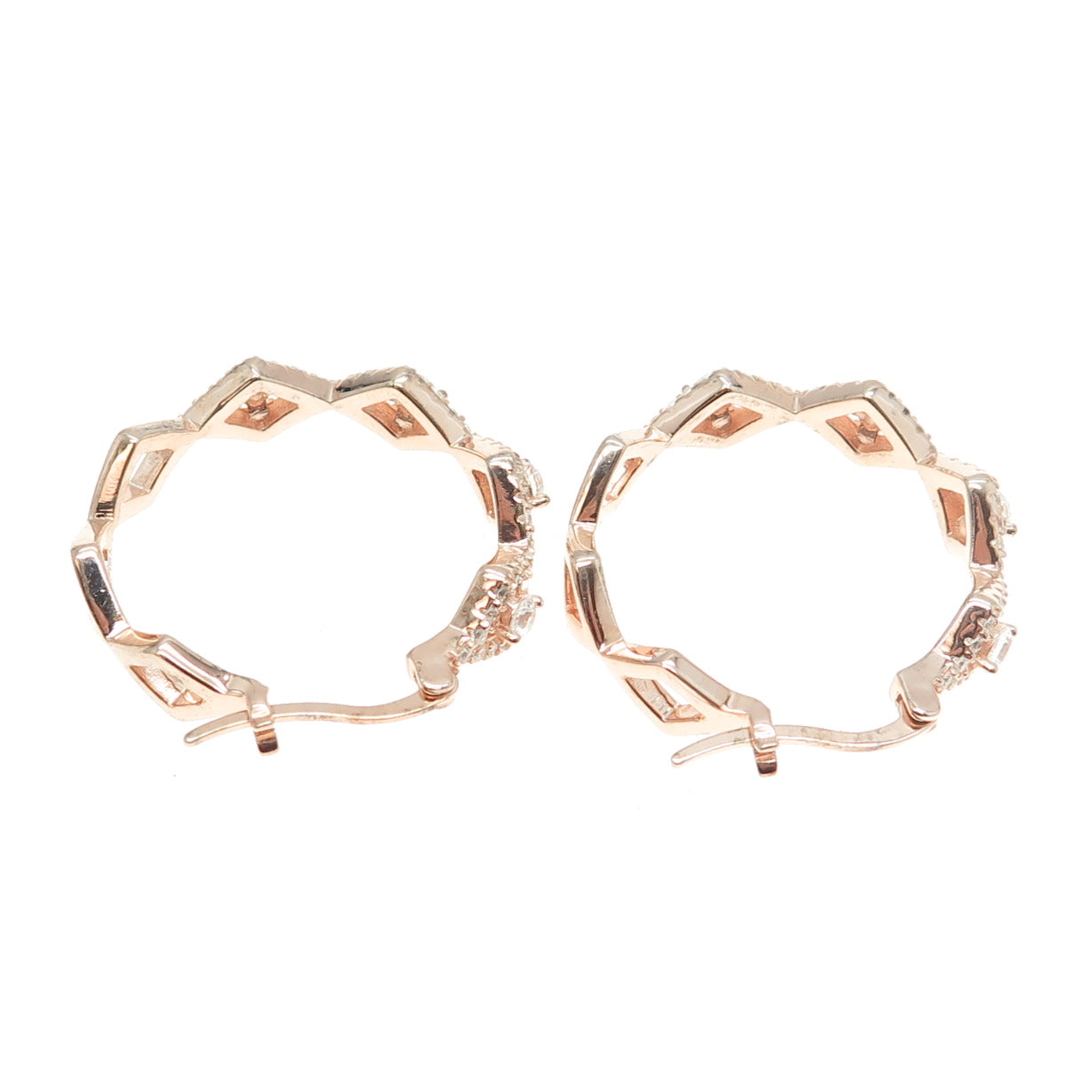 925 Sterling Silver Rose Gold Plated Pave C Z Hinged Hoop Earrings