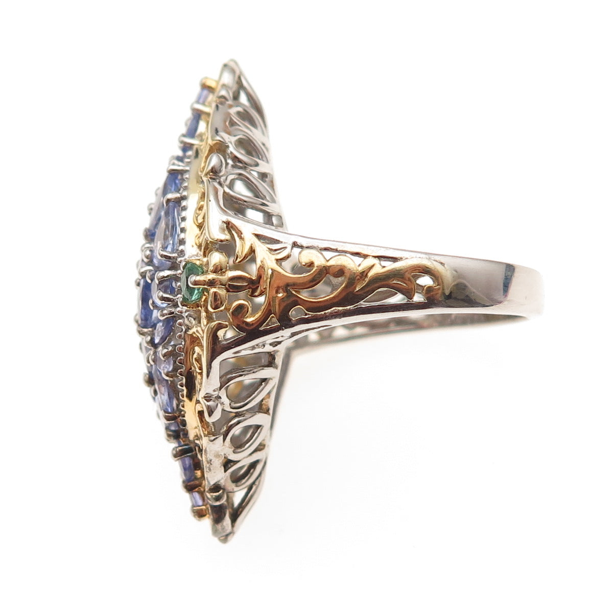 Chuck Clemency 925 Sterling Silver 2-Tone Real Tanzanite & Emerald Ring Size 8.5