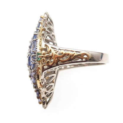 Chuck Clemency 925 Sterling Silver 2-Tone Real Tanzanite & Emerald Ring Size 8.5