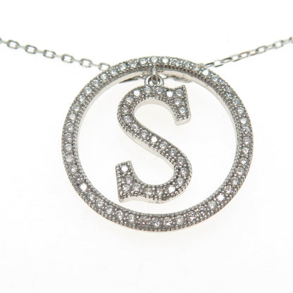 925 Sterling Silver Round-Cut C Z Letter "S" Initial Cable Chain Necklace 16-18"