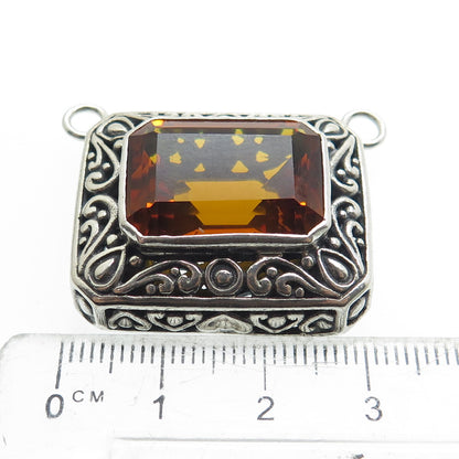 925 Sterling Silver Vintage Real Emerald-Cut Citrine Ornate Centerpiece Pendant