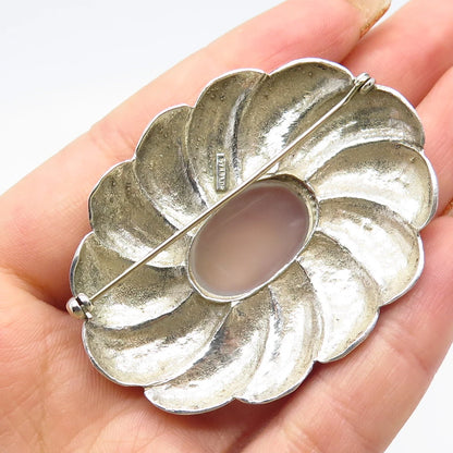 925 Sterling Silver Vintage Real Quartz Ribbed Pin Brooch