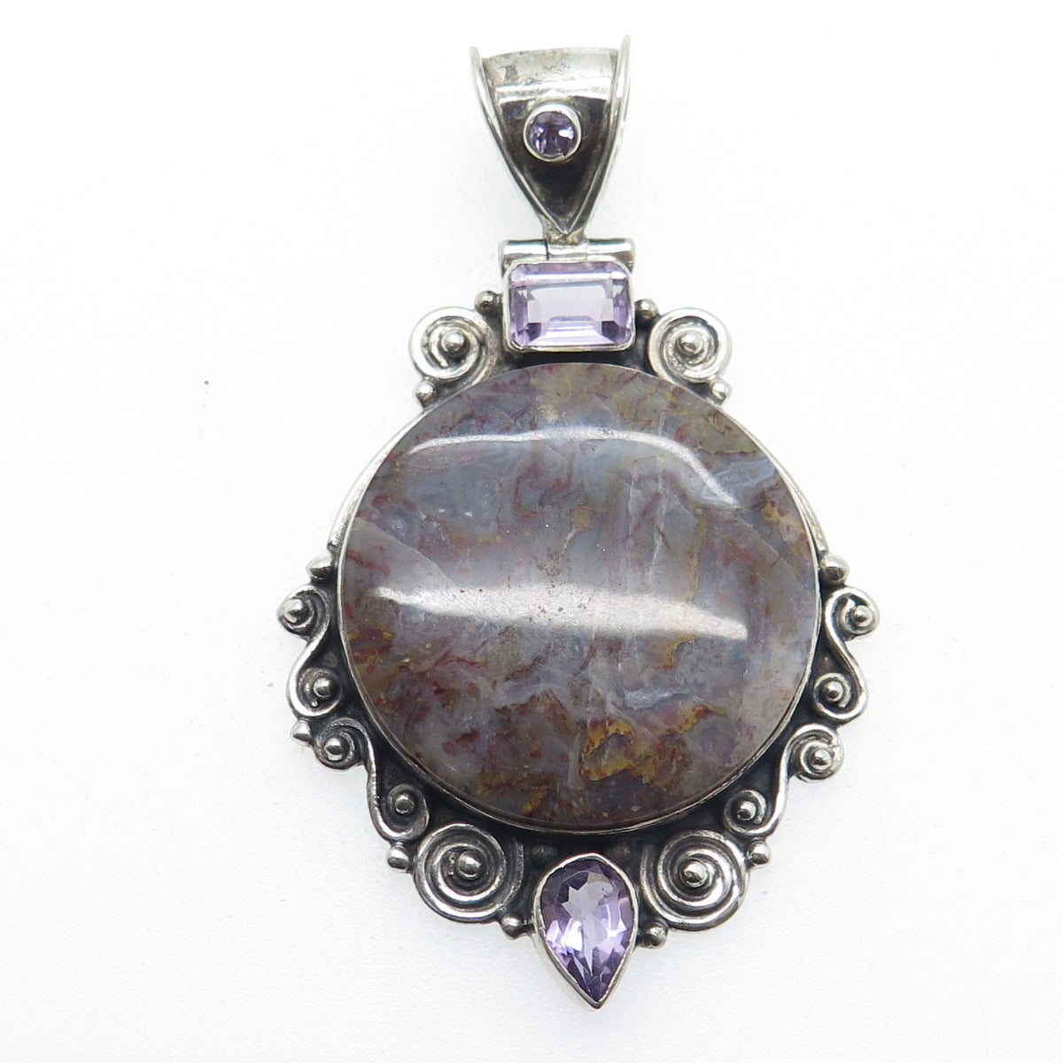 925 Sterling Silver Vintage Real Agate & Amethyst Modernist Oxidized Pendant