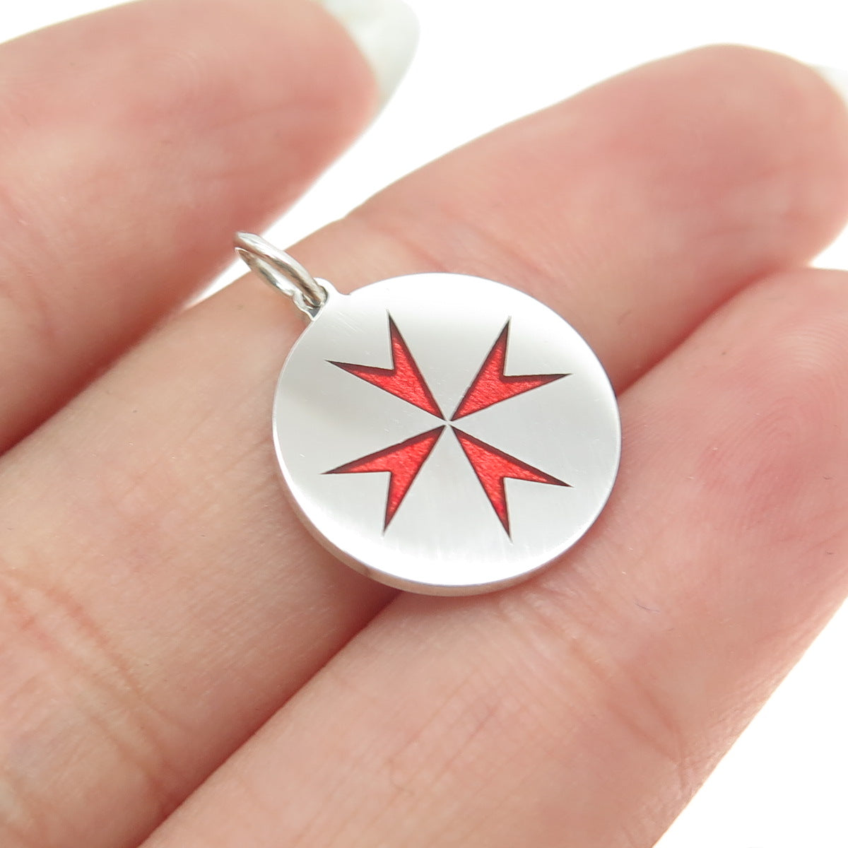 925 Sterling Silver Red Enamel Maltese Cross Round Tag Minimalist Charm Pendant