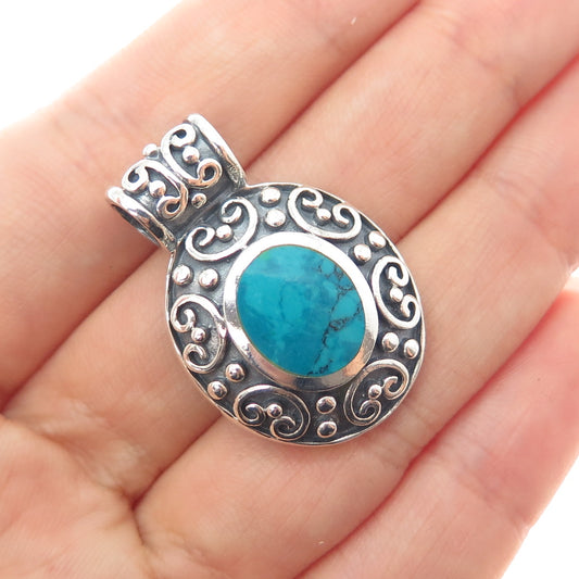 CHAPAL ZENRAY Sterling Silver Vintage Real Bisbee Turquoise Ornate Charm Pendant