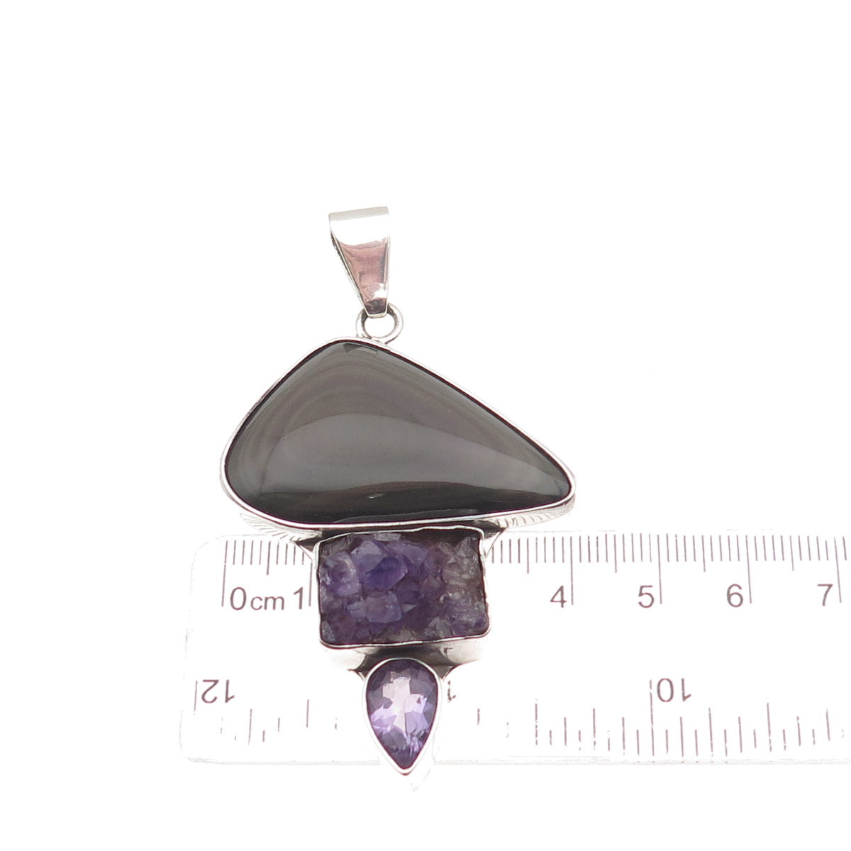 Charles Albert 925 Sterling Silver Vintage Real Gray Obsidian & Amethyst Pendant