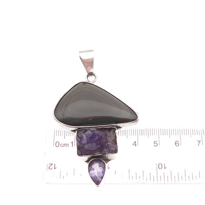 Charles Albert 925 Sterling Silver Vintage Real Gray Obsidian & Amethyst Pendant