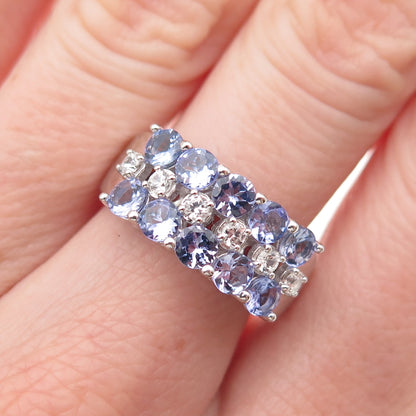 DSMK 925 Sterling Silver Real Round-Cut Tanzanite & White Topaz Ring Size 7.25