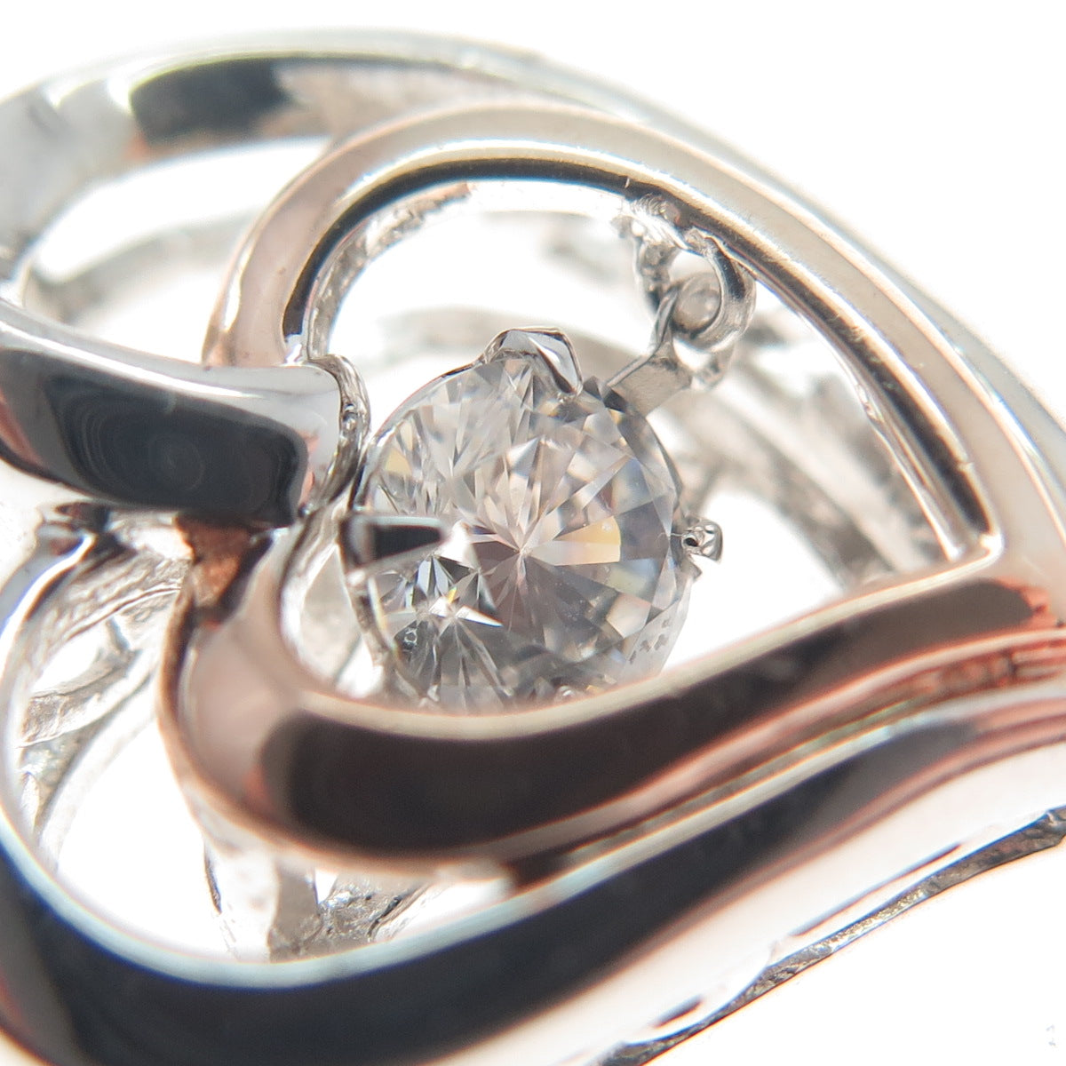 SAI 925 Sterling Silver 2-Tone Round-Cut Shaped C Z Double Heart Slide Pendant