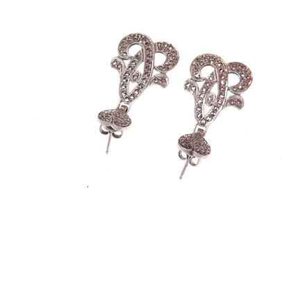 925 Sterling Silver Antique Art Deco Real Marcasite Heart Floral Dangle Earrings