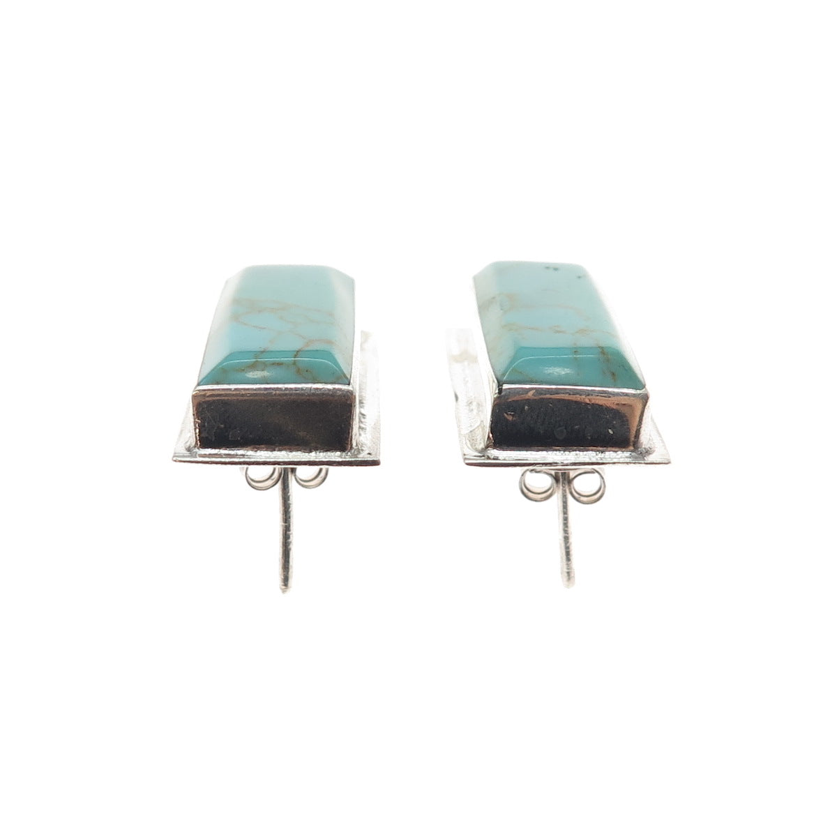 925 Sterling Silver Vintage Mexico Real Tyrone Turquoise Modernist Earrings