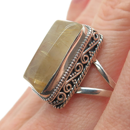 925 Sterling Silver Vintage Real Rutilated Quartz Swirl Oxidized Ring Size 8