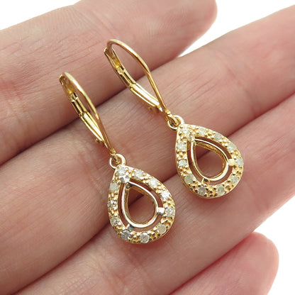 925 Sterling Silver Gold Plated Real Round-Cut Diamond Teardrop Dangle Earrings