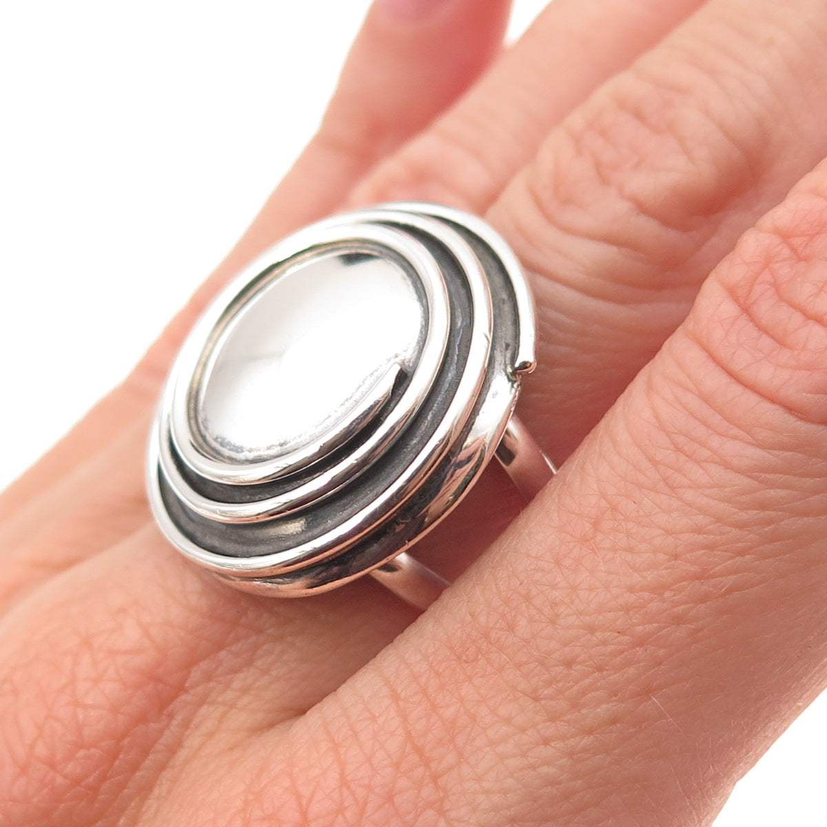 950 Silver Vintage Modernist Spiral Disc Oxidized Ring Size 8