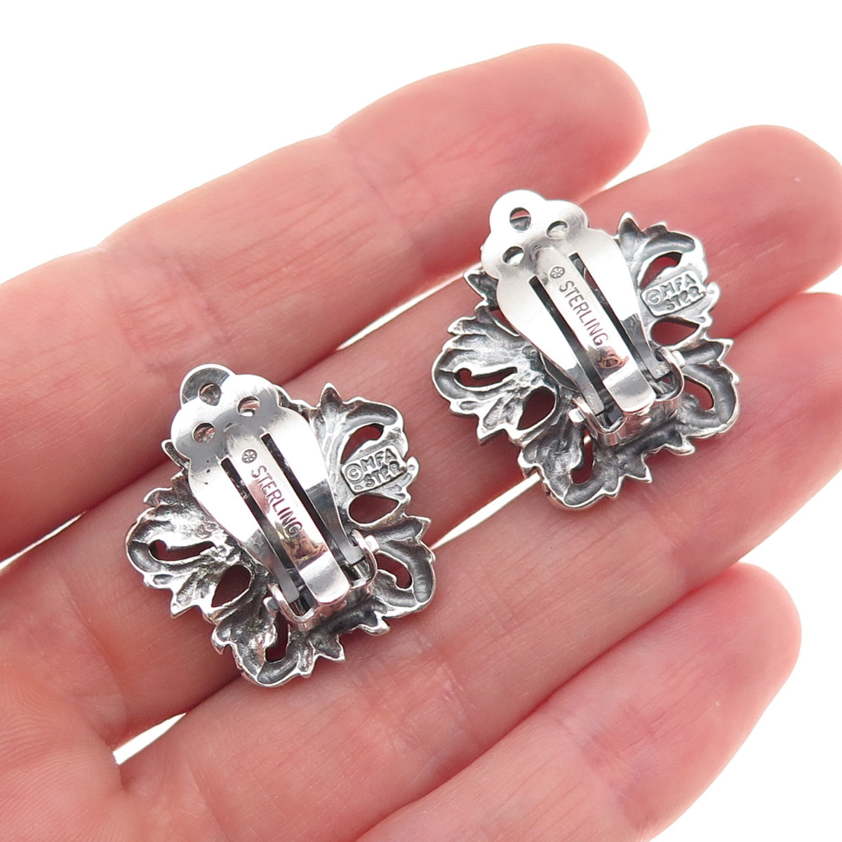 MFA Museum of Fine Arts Sterling Silver Vintage Floral Oxidized Clip On Earrings