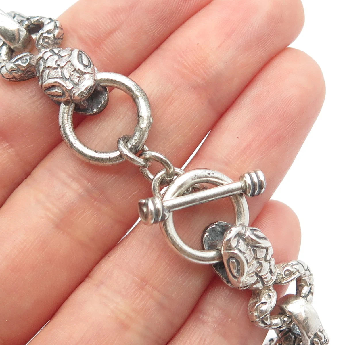925 Sterling Silver Vintage Snake Head Ornate Rolo Link Bracelet 7.25"
