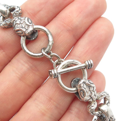 925 Sterling Silver Vintage Snake Head Ornate Rolo Link Bracelet 7.25"