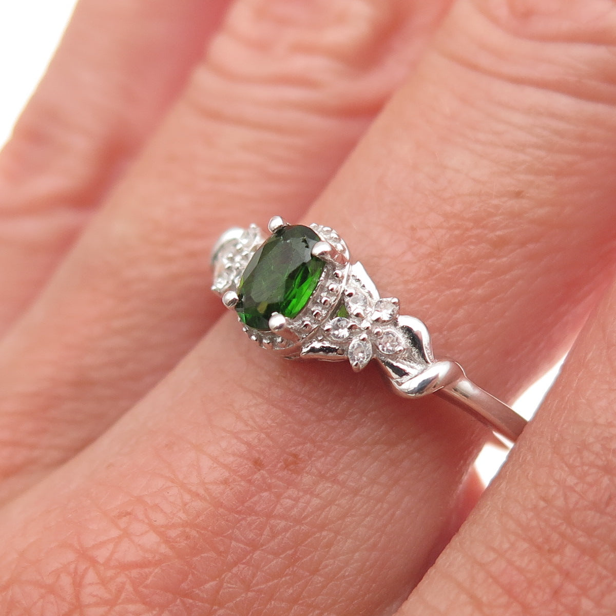 Chuck Clemency 925 Sterling Real Peridot & White Topaz Floral Ring Size 8.25