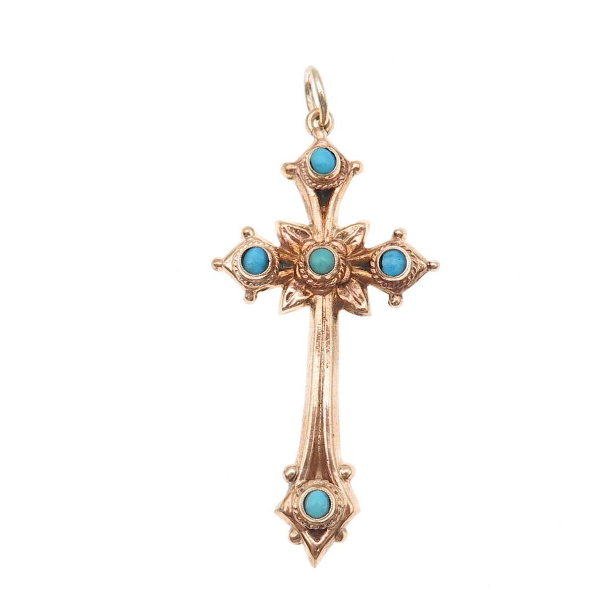 Gold Filled Antique Art Deco Real Turquoise Floral Cross Charm Pendant