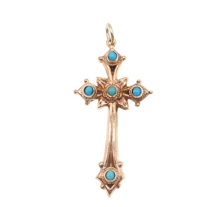 Gold Filled Antique Art Deco Real Turquoise Floral Cross Charm Pendant