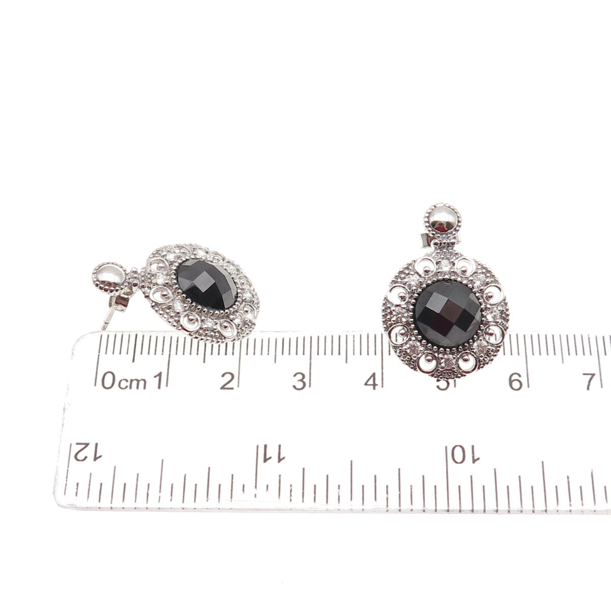925 Sterling Silver Real Black Spinel & C Z Dangle Earrings