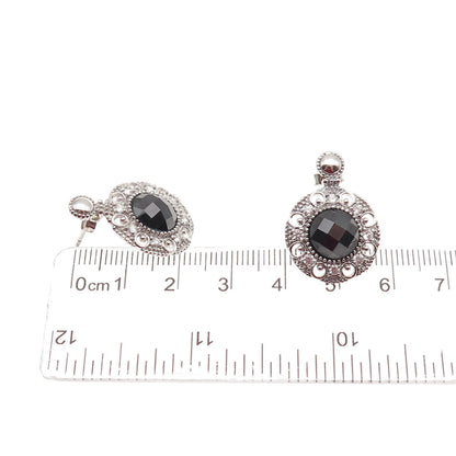 925 Sterling Silver Real Black Spinel & C Z Dangle Earrings