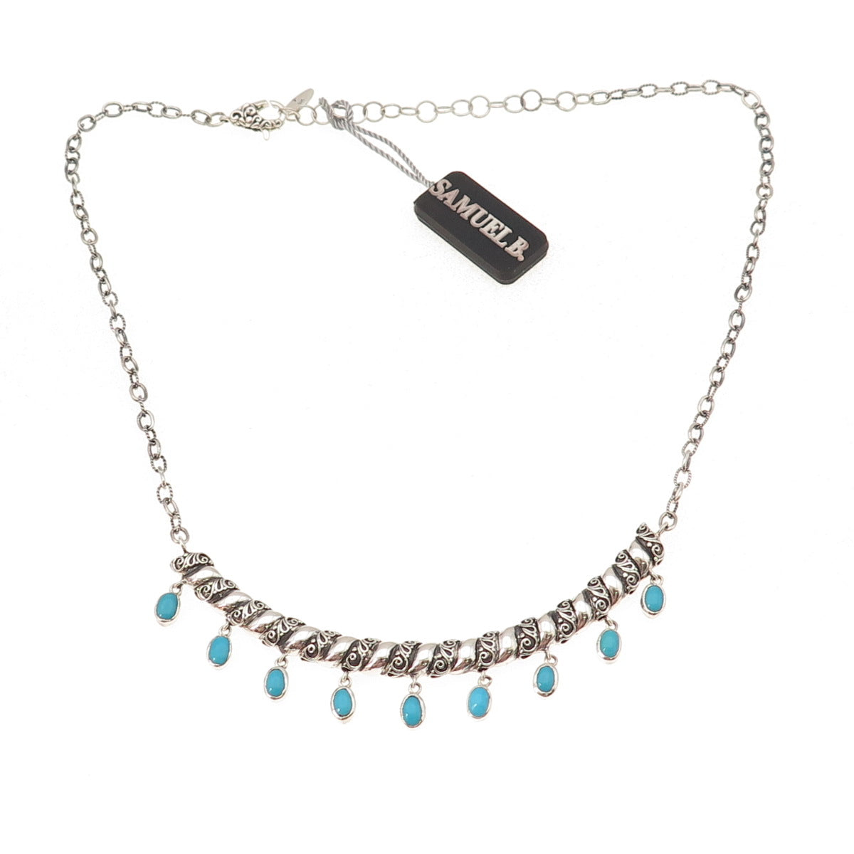 Samuel Benham 925 Sterling Silver Real Turquoise Cable Chain Necklace 18-20"