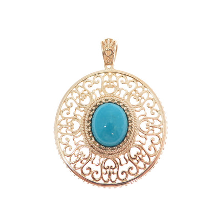 ROSS SIMONS Sterling Silver Gold Plated Vintage Real Turquoise Ornate Pendant