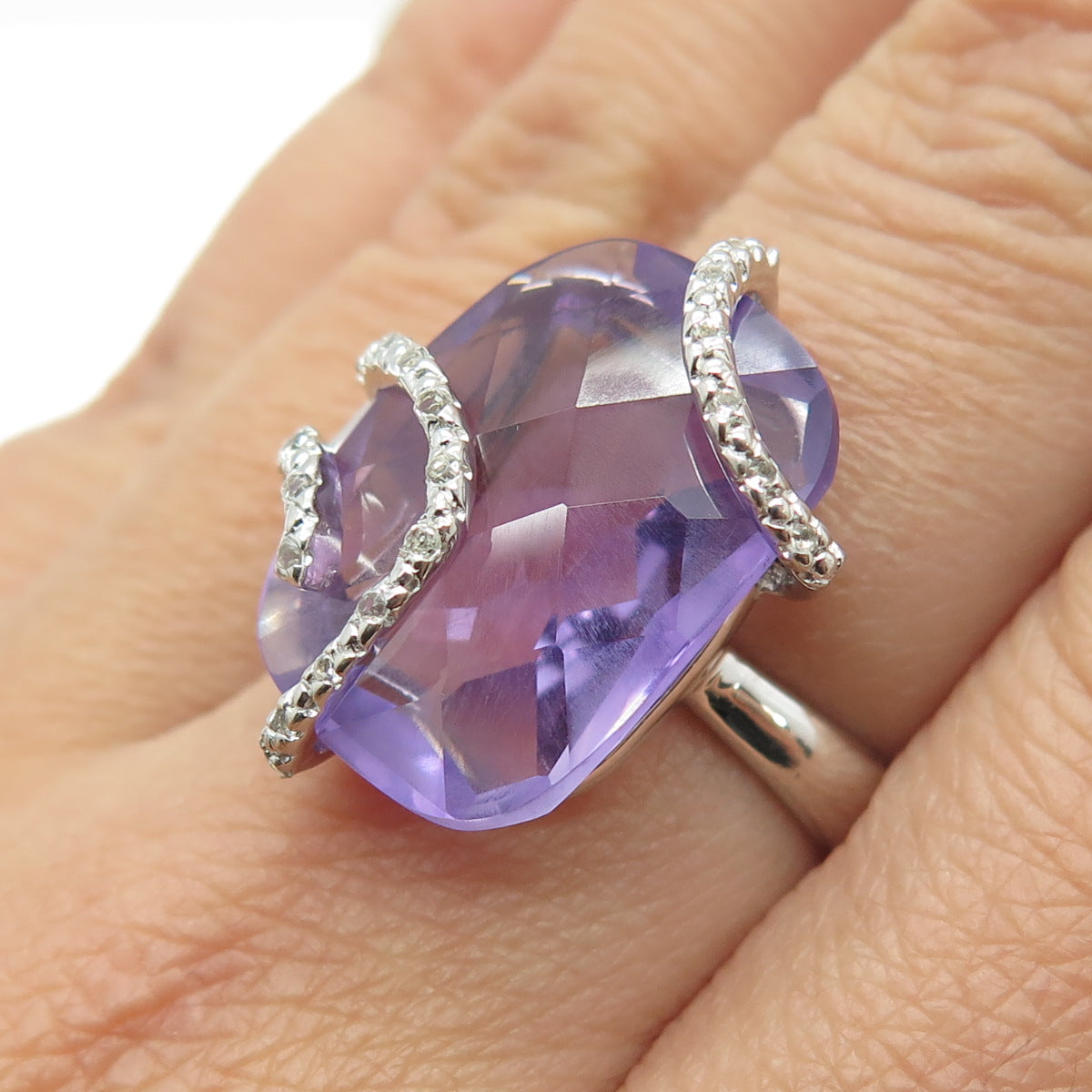 925 Sterling Silver Real Amethyst & White Topaz Wavy Ring Size 7.25