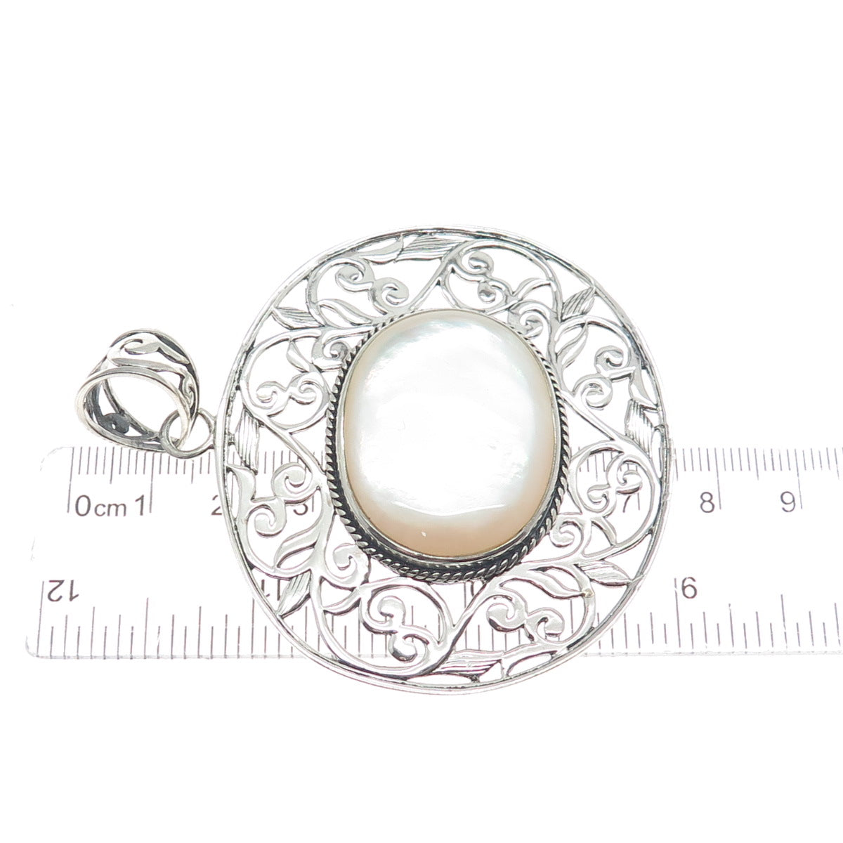 SX SALLY C 925 Sterling Silver Vintage Real MOP Ornate Floral Large Pendant