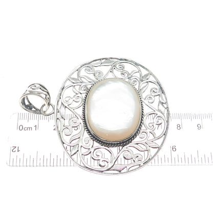 SX SALLY C 925 Sterling Silver Vintage Real MOP Ornate Floral Large Pendant