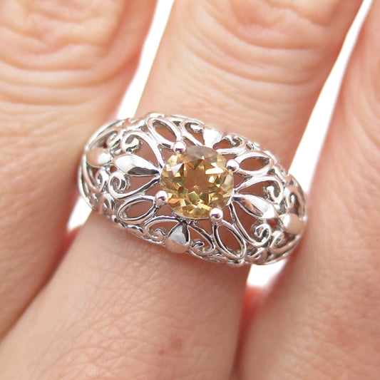 ROSS SIMONS 925 Sterling Silver Vintage Real Citrine Ornate Dome Ring Size 7
