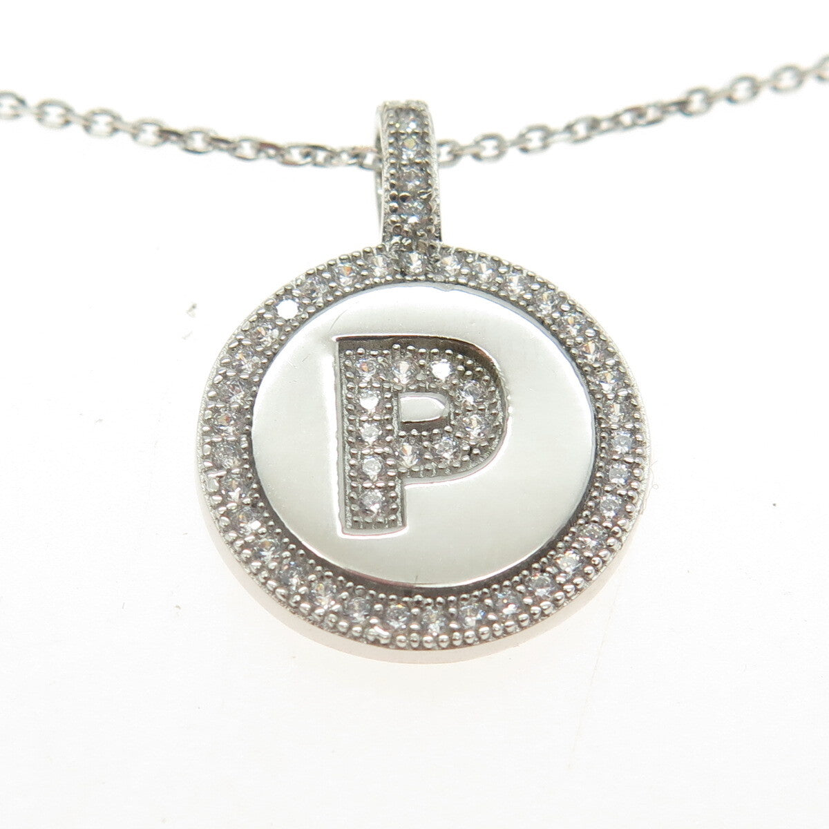 925 Sterling Silver Round-Cut C Z Letter "P" Initial Cable Chain Necklace 16"