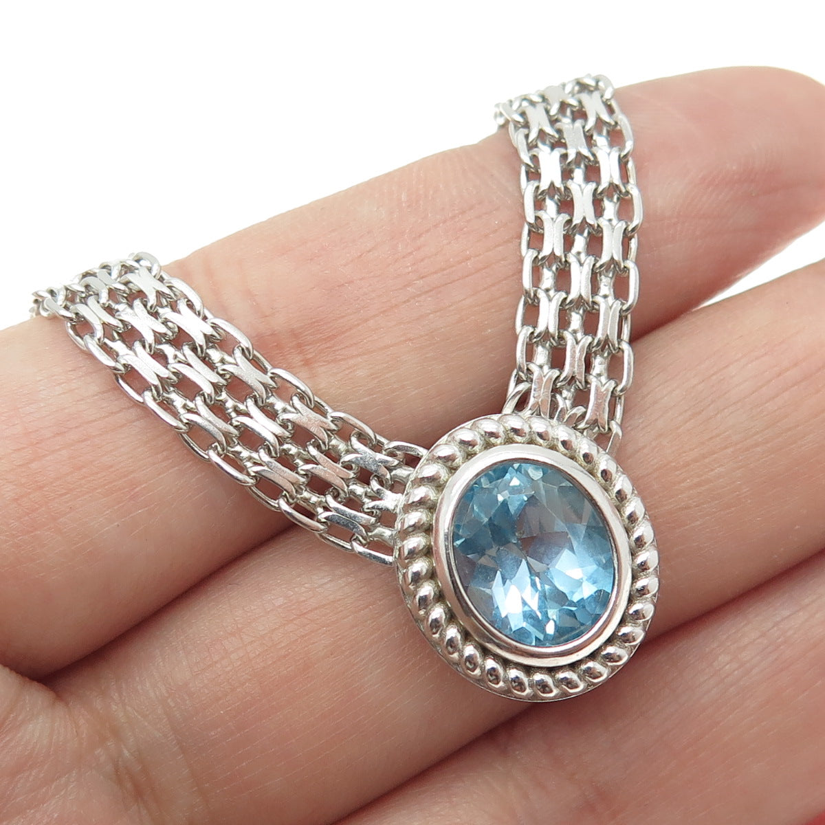 925 Sterling Silver Vintage Real Blue Topaz Gem Multi-Oval Chain Necklace 18"