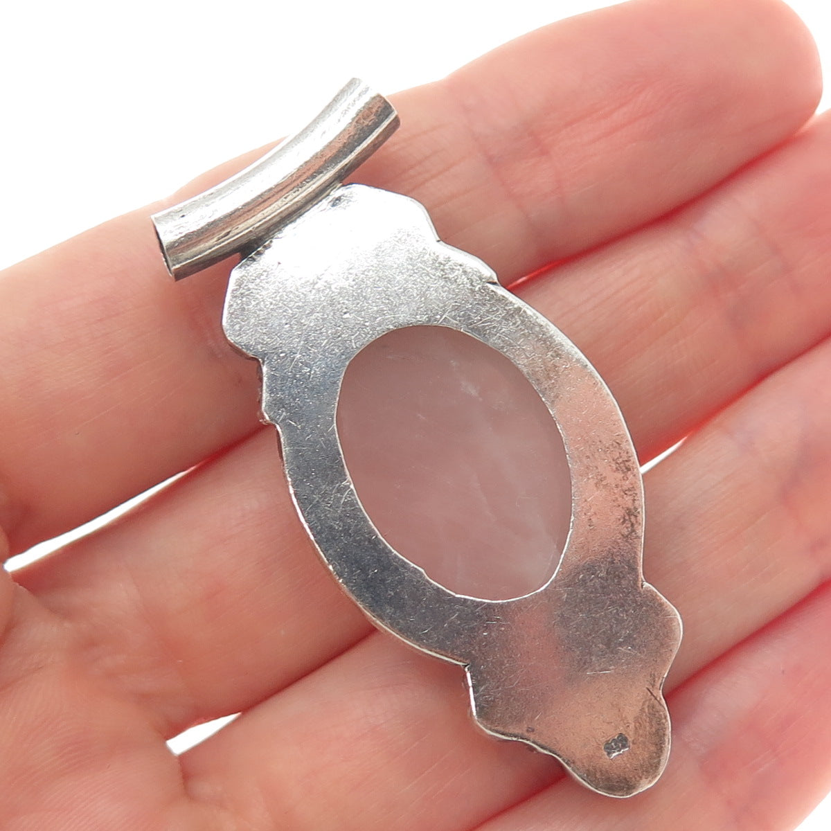 925 Sterling Silver Vintage Real Rose Quartz Tourmaline Rhodonite Slide Pendant