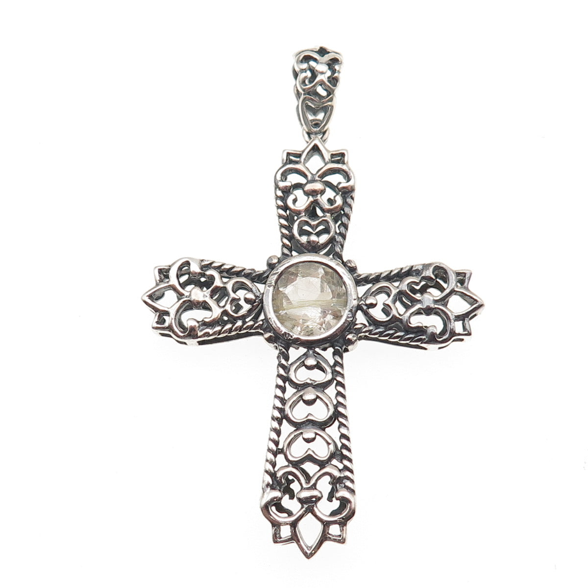 925 Sterling Vintage Real Rutilated Quartz Cross Fleur de Lis Charm Pendant