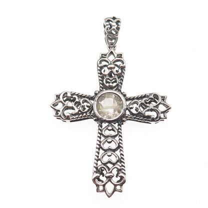 925 Sterling Vintage Real Rutilated Quartz Cross Fleur de Lis Charm Pendant