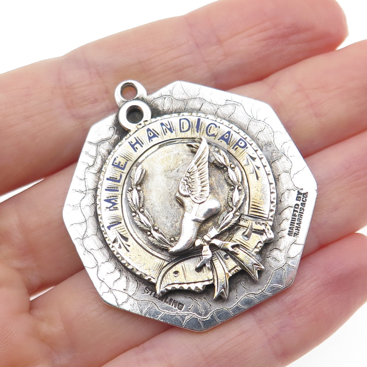 R. Harris & Co 925 Sterling 2-Tone Antique Enamel Marathon 1 Mile Handicap Medal