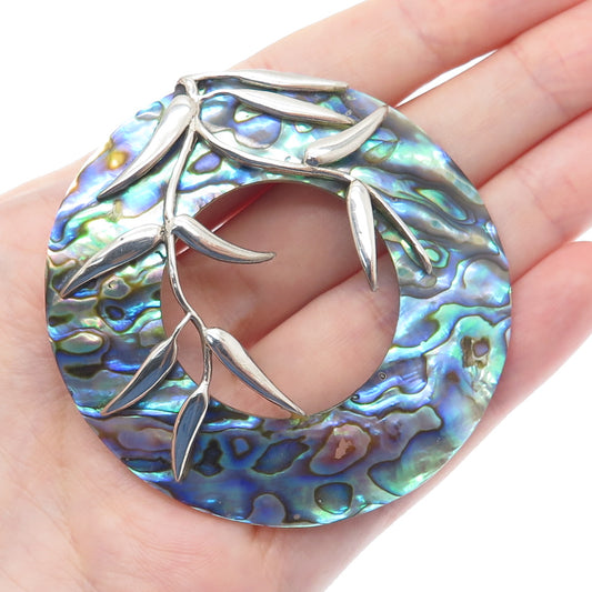 925 Sterling Silver Vintage Real Abalone Shell Floral Disc Modernist Pendant