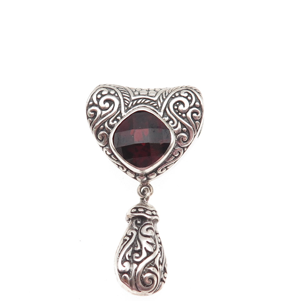 925 Sterling Silver Vintage Real Red Garnet Heart Swirl Slide Pendant
