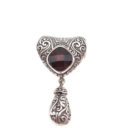 925 Sterling Silver Vintage Real Red Garnet Heart Swirl Slide Pendant